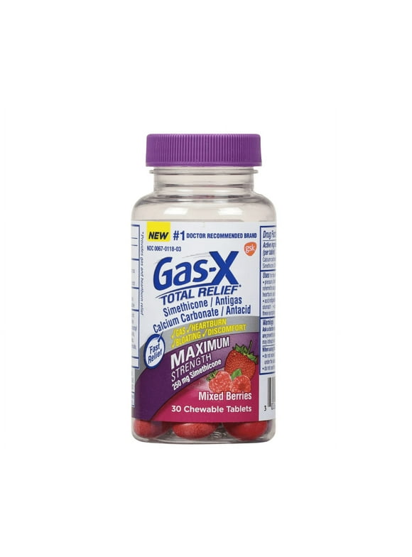 Gas-X Total Relief Chewable Tablets with Maximum Strength Gas Relief Simethicone 250 mg and Heartburn Relief Calcium Carbonate 750 mg, Mixed Berries - 30 Count