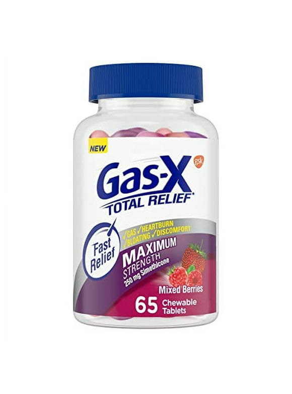 Gas-X Total Relief Chewable Tablets with Maximum Strength Gas Relief Simethicone 250 mg and Heartburn Relief Calcium Carbonate 750 mg, Mixed Berries - 65 Count