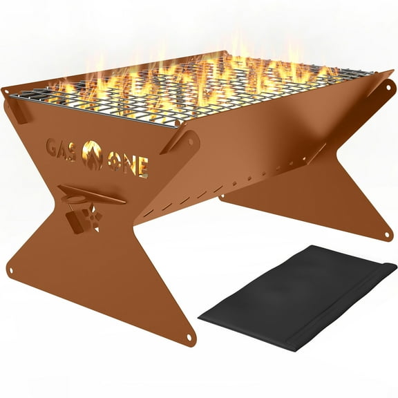 GasOne 15 Portable Charcoal Grill  Foldable BBQ Grill  Camping Grills for Backyard, Bonfire, Patio  Heavy-Duty Portable Fire Pit  Camp Cooking Gear, Brown