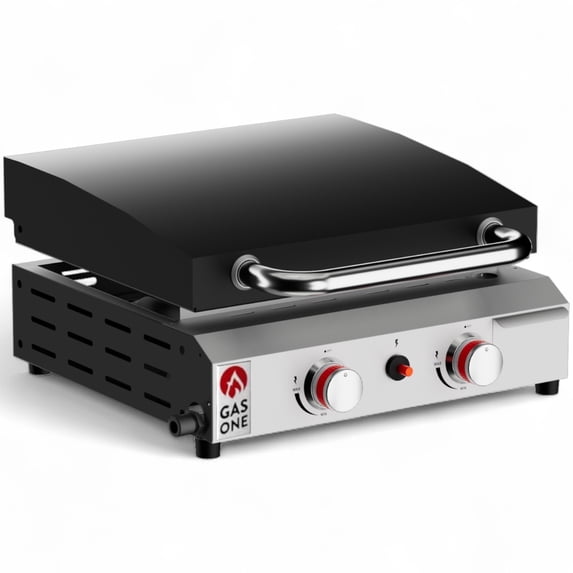 GasOne 2 Burner Flat Top Gas Grill with Lid – Auto Ignition Propane – Premium Stainless Steel Body Tabletop with Pre Season Griddle – Oil Drip Tray – for RV, Camping