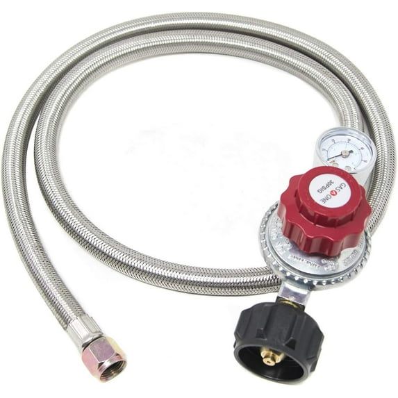 GasOne 4ft Steel Braided Propane Hose Regulator, 0-30 PSI, 3/8" Female Flare Nut Gas Lne Connector