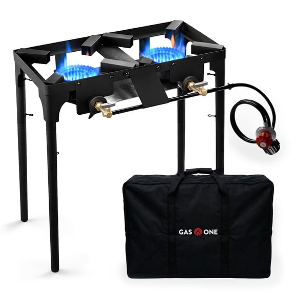 GasOne Double Propane Burner with Carry Bag Adjustable Height 4-Tier Removable Legs for Outdoor Cooking – High Pressure PSI Regulator Camping Accessories Camp Stove – Cast Iron Portable Stove Top