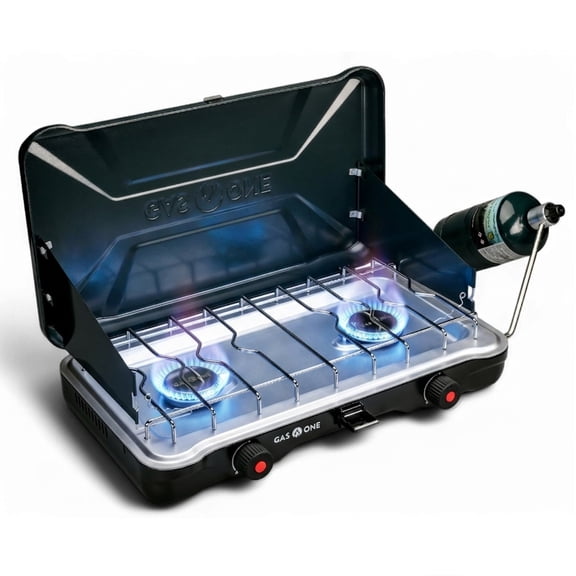 GasOne PS-2500MBA Portable Camping Stove – 22,000 BTU Double Propane Stove with Auto Twist Turn Ignition and Wind Guard