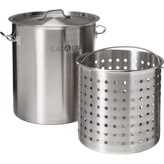 GasOne Stainless Steel Stockpot with Basket  36qt Stock Pot with Lid and Reinforced Bottom