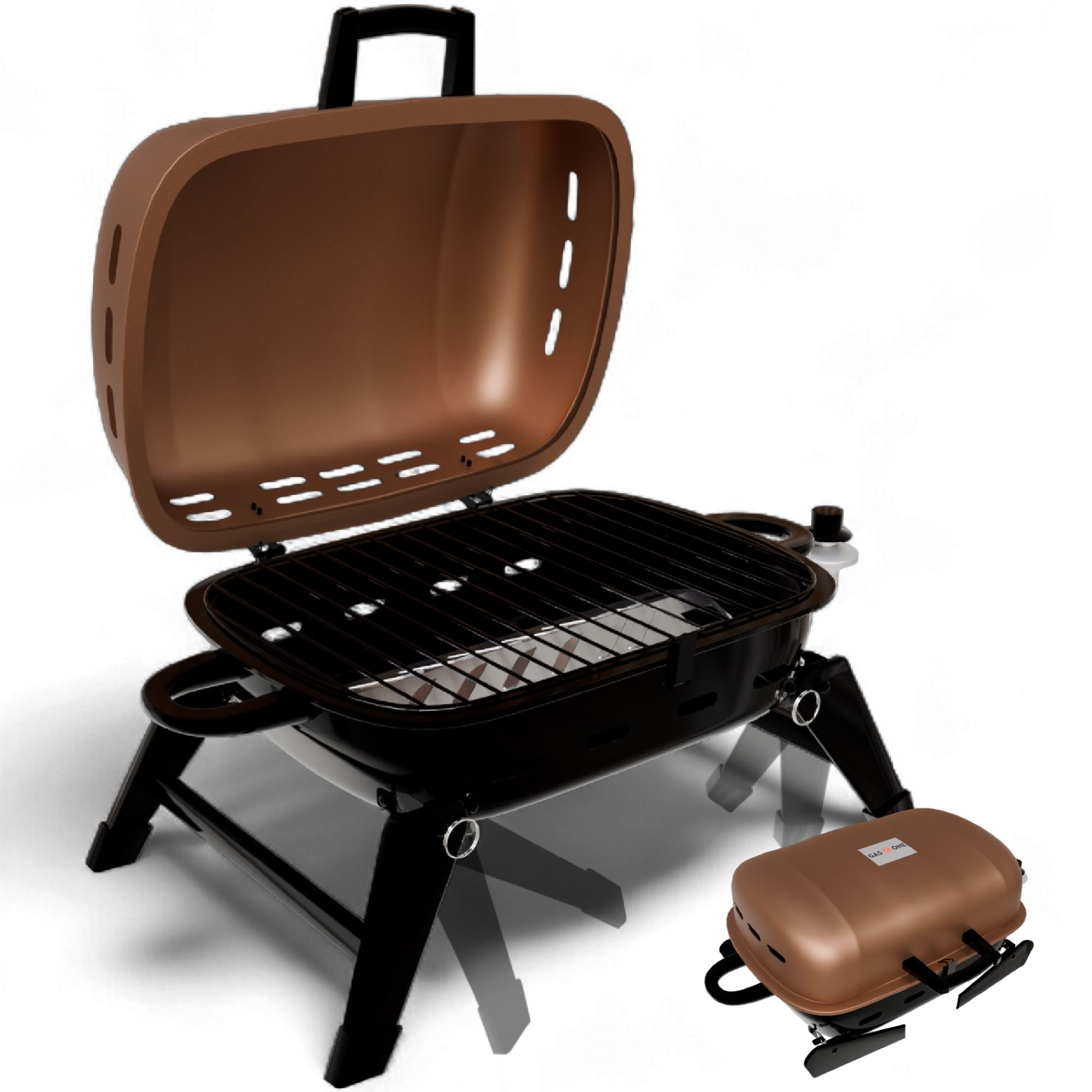 GasOne Tabletop Propane Grill Portable Grill Propane with Heat Resistant Handles, Large Cooking Surface User Friendly Temperature Control Knob Portable Gas Grill for RV, Camping, Home Tan Brown