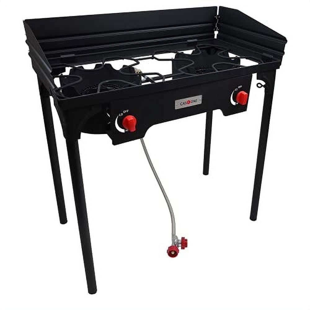 Black Steel 2-Burner Outdoor Propane Camp Stove with Windscreen