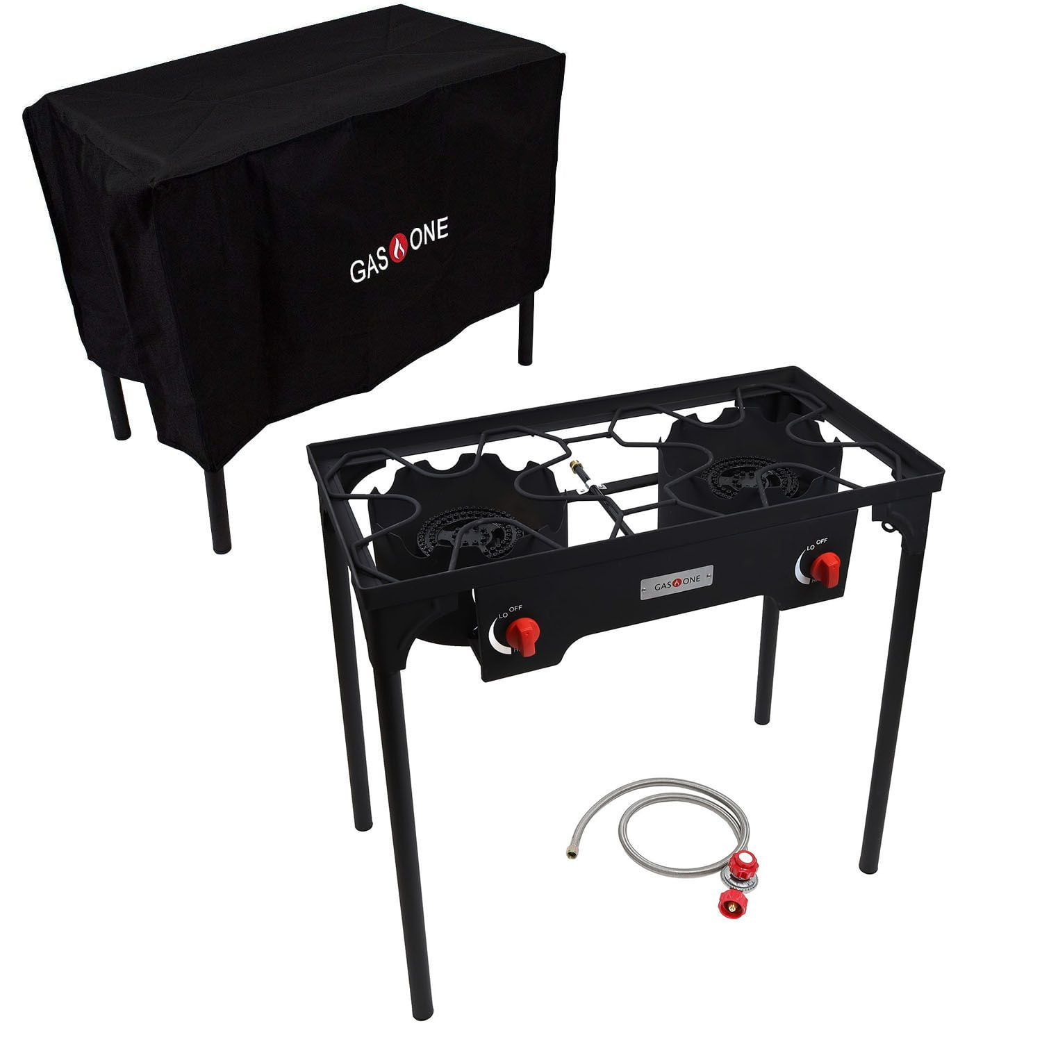 Black Steel Two Burner Gas Camp Stove with Cover