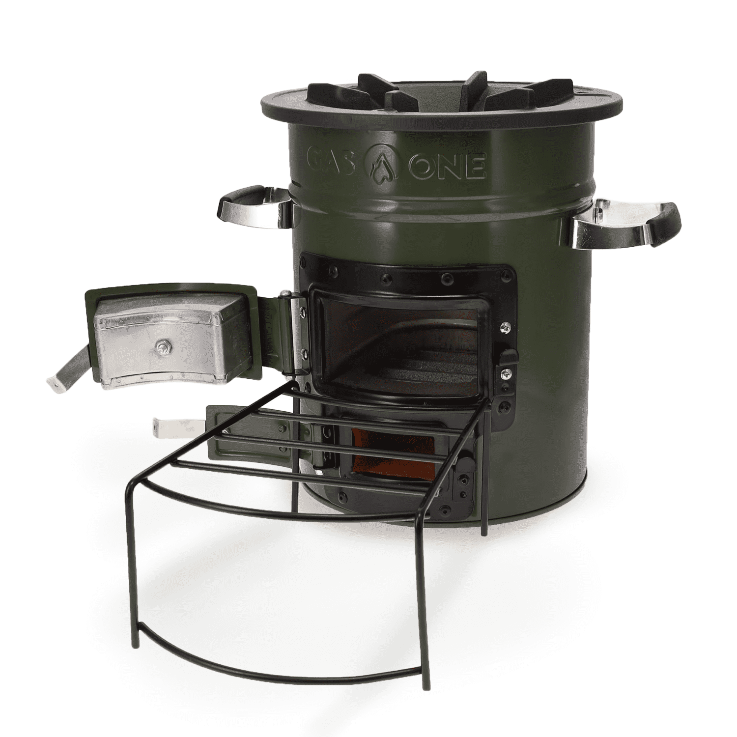 Military Green Portable Wood Burning Rocket Stove with Cast Iron Top