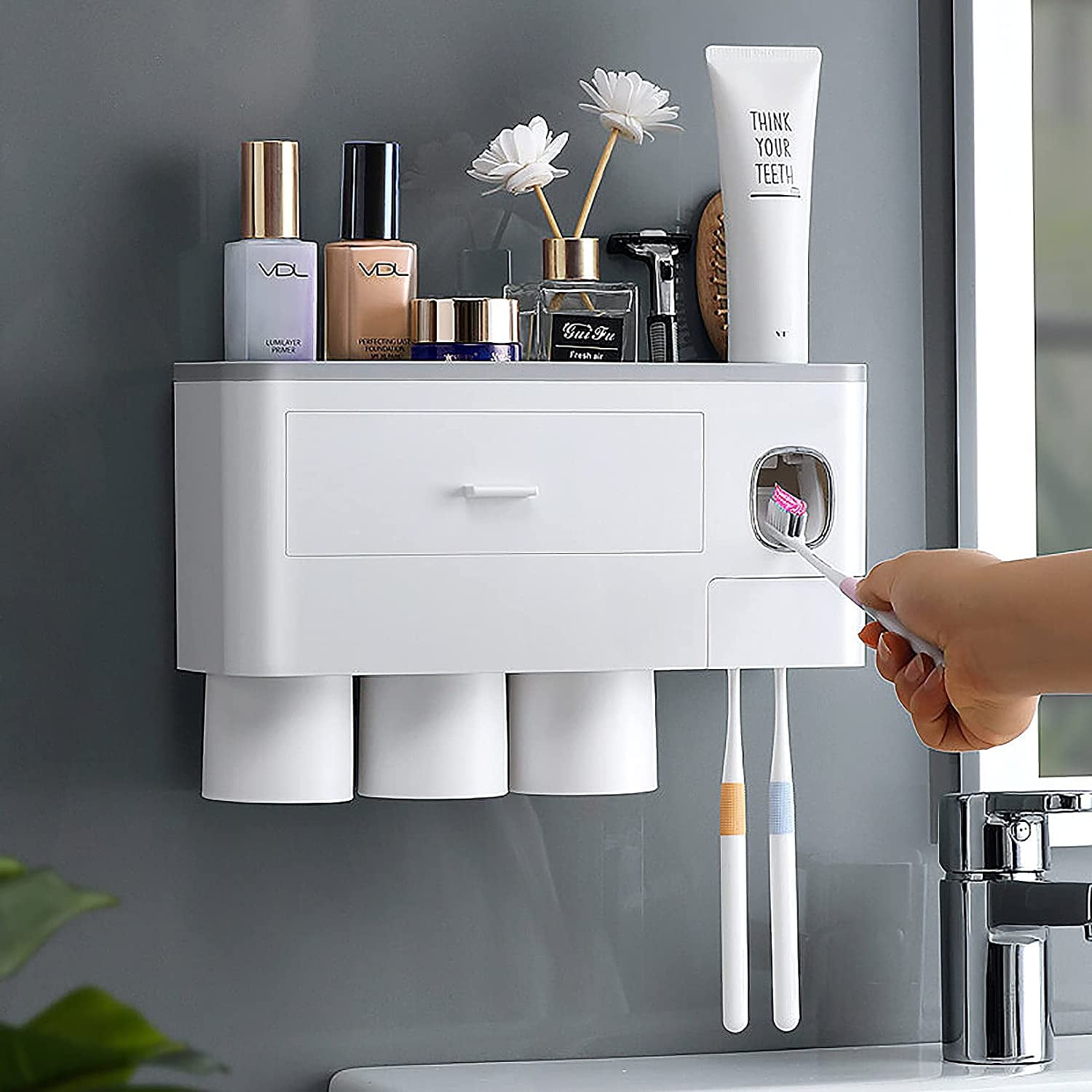 GasSaf Wall Mounted Toothbrush Holder with Automatic Toothpaste