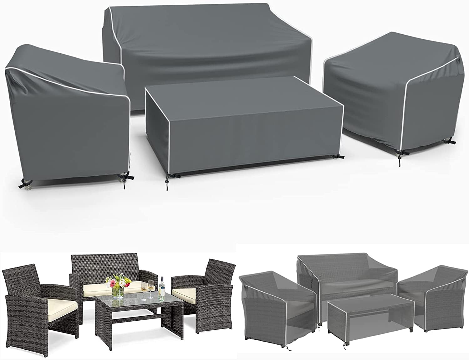 Patio Furniture Covers, 4-Piece Outdoor Cover Waterproof for Loveseat, Chair and Coffee Table, 500D Heavy Duty, Grey