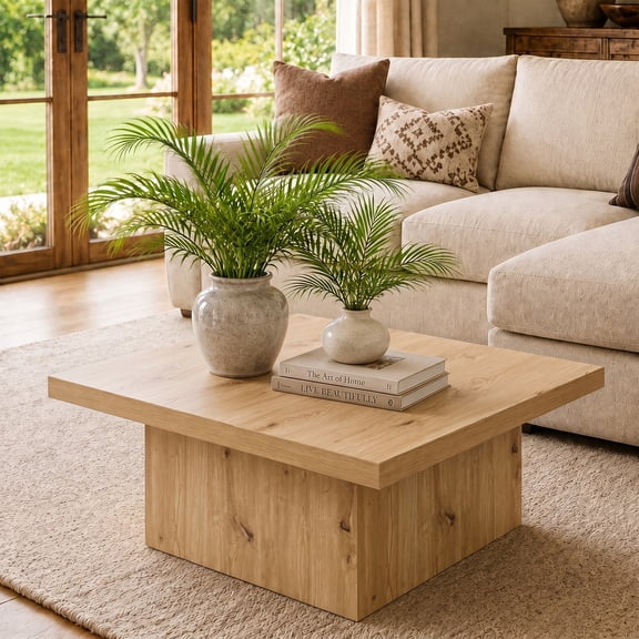 Gasee 35.43" Low Square Coffee Table, Farmhouse Large Tea Accent Table Center Table for Living Room(Natural)