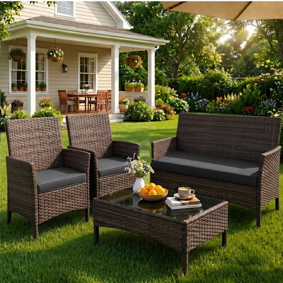 Gasee 4-Piece Patio Furniture Set Outdoor Conversation Rattan Chairs with Cushion and Loveseat Glass Table for Garden Backyard Porch, Brown/Dark Gray
