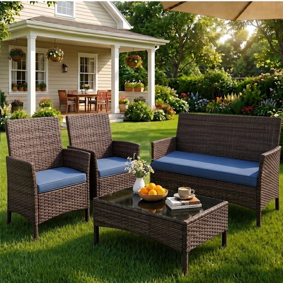 Gasee 4-Piece Patio Furniture Set Outdoor Conversation Rattan Chairs with Cushion and Loveseat Glass Table for Garden Backyard Porch, Brown/Navy