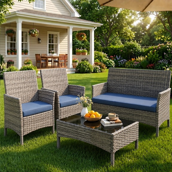Gasee 4-Piece Patio Furniture Set Outdoor Conversation Rattan Chairs with Cushion and Loveseat Glass Table for Garden Backyard Porch, Gray/Blue