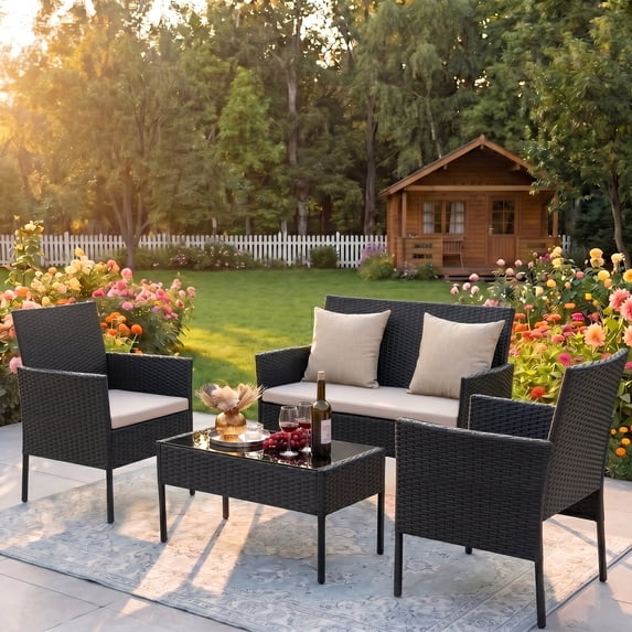 Gasee 4PCS Patio Rattan Conversation Furniture Set Outdoor Black/Beige Cushion