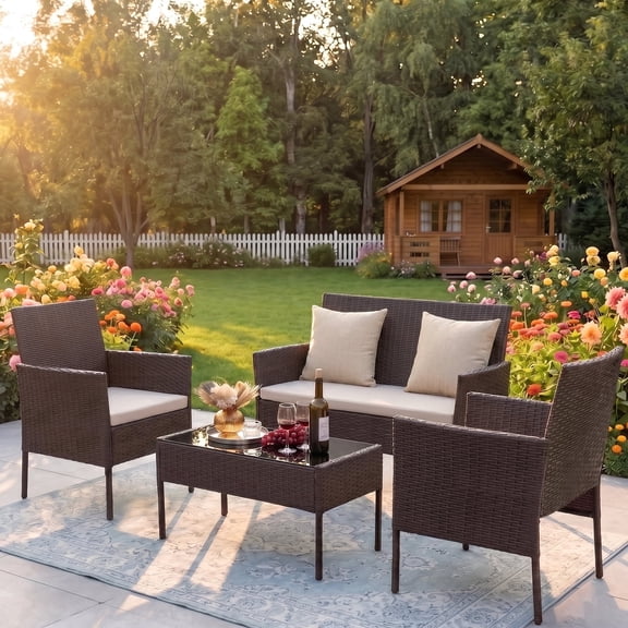 Gasee 4PCS Patio Rattan Conversation Furniture Set Outdoor Brown/Beige Cushion