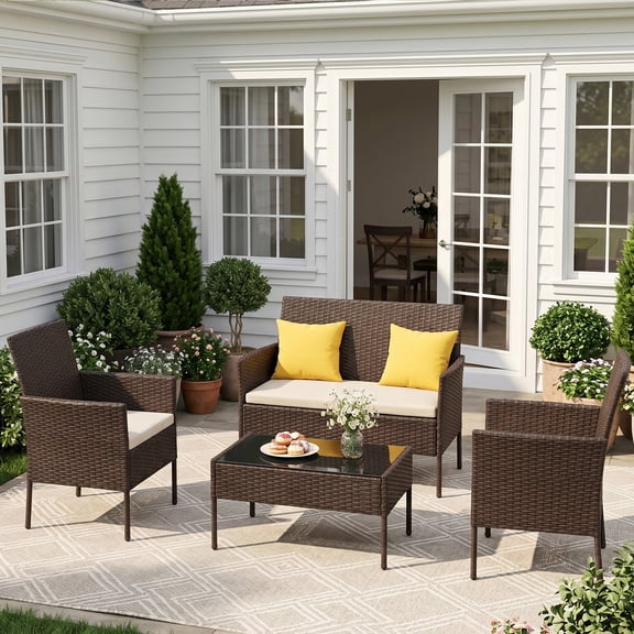 Gasee 4PCS Patio Rattan Conversation Furniture Set Outdoor Brown/Beige Cushion