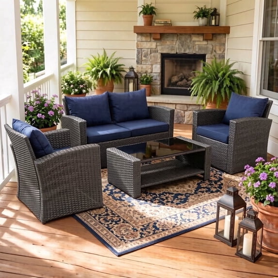 Gasee 4PCS Patio Rattan Conversation Furniture Set Outdoor Gray/Blue Cushion