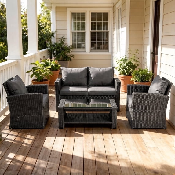Gasee 4PCS Patio Rattan Conversation Furniture Set Outdoor Gray/Grey Cushion
