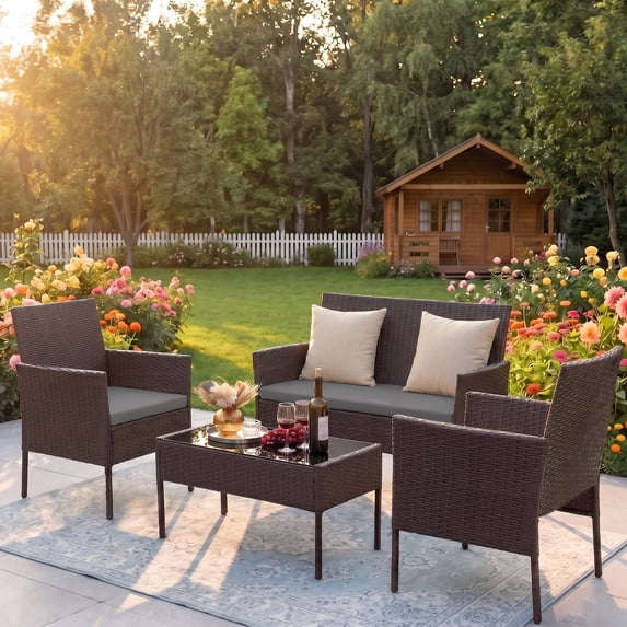 Gasee 4PCS Patio Rattan Conversation Furniture Set Outdoor Brown/Gray Cushion