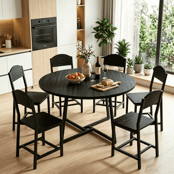 Gasee 7 Piece Dining Table Set,Modern Round Kitchen Table and 6 Chairs,Dining Set for Dining Room,Small Space and Breakfast Nook