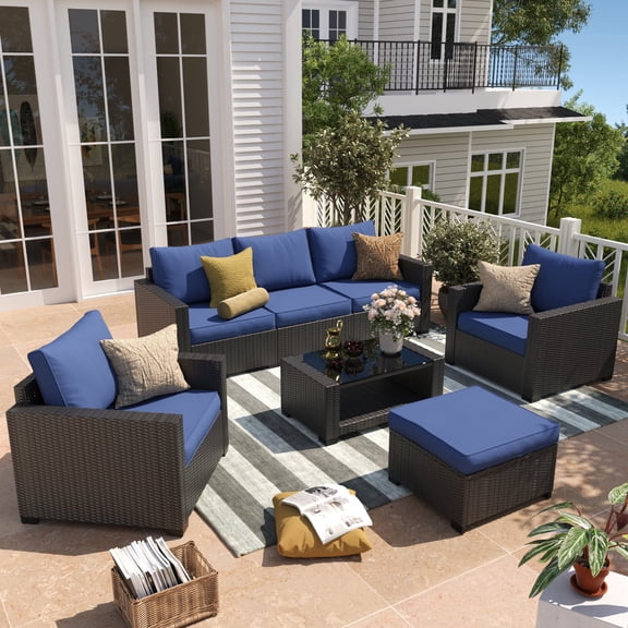 Gasee 7-Piece Patio Furniture Set,Outdoor Sectional Furniture, All-Weather PE Rattan Wicker Patio Conversation Set,Patio Sofa Set with Glass Table and Ottoman for Patio Garden Poolside,Blue