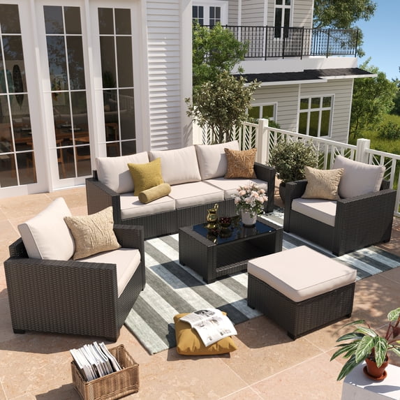Gasee 7-Piece Patio Furniture Set,Outdoor Sectional Furniture, All-Weather PE Rattan Wicker Patio Conversation Set,Patio Sofa Set with Glass Table and Ottoman for Patio Garden Poolside,Beige