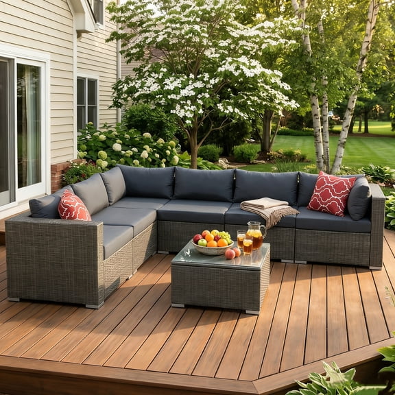 Gasee 7 Pieces Patio Conversation Set, Outdoor Sectional PE Rattan Wicker Furniture Seat,Dark Gray