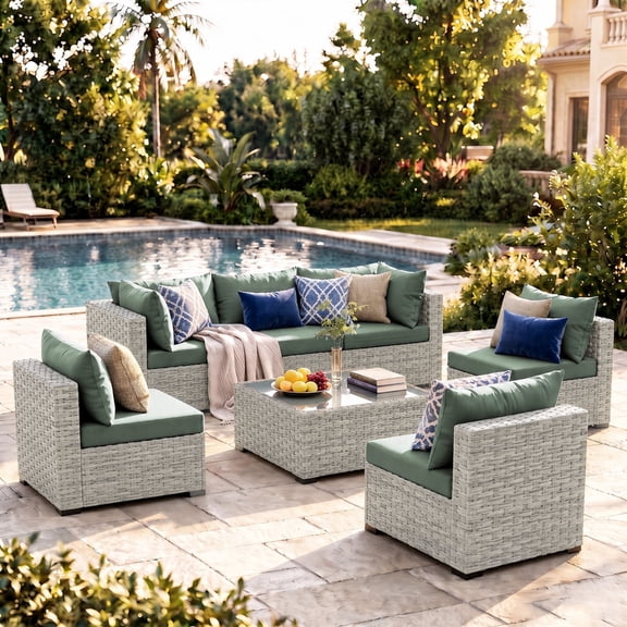 Gasee 7 Pieces Patio Furniture Set, Patio Conversation Set, Outdoor Sectional PE Rattan Wicker Furniture Seat,Green
