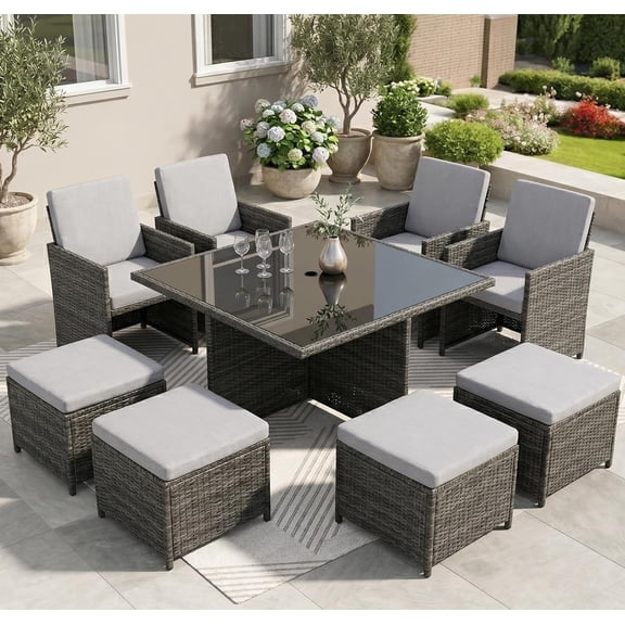 Gasee 9 Pieces Outdoor Dining Sets Patio Rattan Conversation Set Space Saving Wicker Chairs with Glass Table,Gray