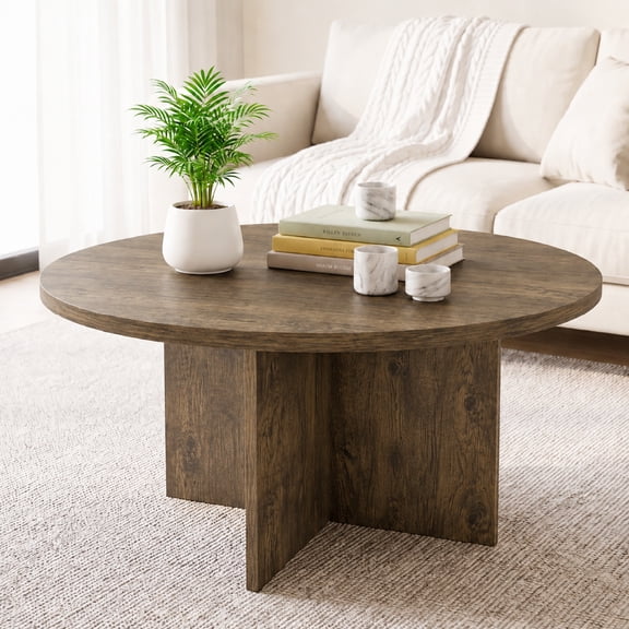 Gasee Coffee Table, 35" Round Coffee Table for Living Room, Brown