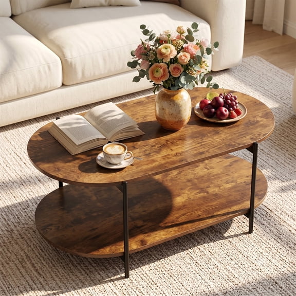 Gasee Oval Wooden Coffee Table with Metal Frame for Apartments, Living Room, Rust Brown