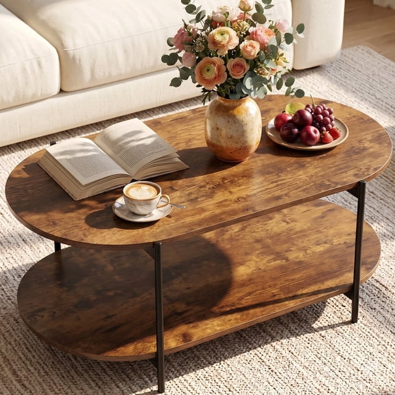 Gasee 47" Oval Wooden Coffee Table with Metal Frame for Apartments, Living Room, Rust Brown