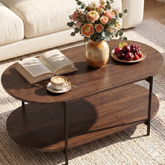 Gasee 47" Oval Wooden Coffee Table with Metal Frame for Apartments, Living Room, Wood Grain
