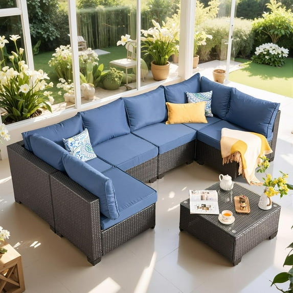 Gasee Patio Furniture Set, 7 Pieces Outdoor Conversation Set with Rattan Sectional Sofa, Coffee Table for Garden Backyard, Gray Cushion