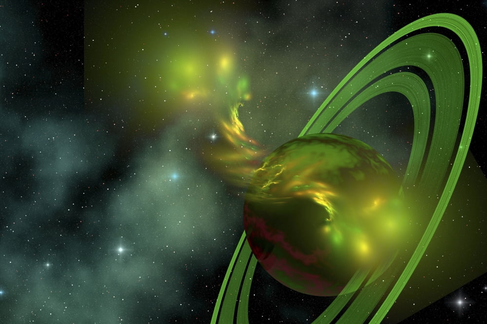 Gaseous flares intertwine as a storm hits a planet with rings Canvas Art - Corey FordStocktrek Images (35 x 23)