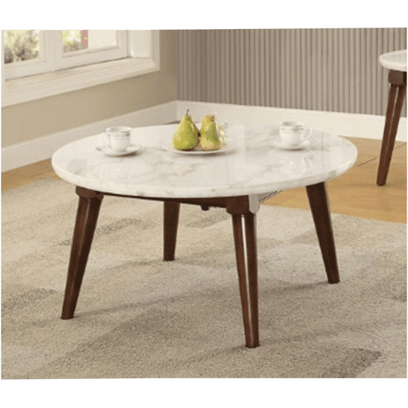 Gasha Round White Faux Marble Coffee Table with Walnut Finish Tapered Legs, Minimalist Modern Accent Table for Living Room