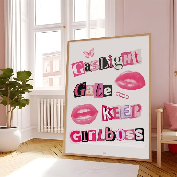 Gaslight Gatekeep Girlboss Print, Hot Pink Glam Poster, Trendy Preppy Decor, Retro Vintage Print, Girly Prints For Bedroom, Cutout Letters Home Decor #761, Unframed Poster Size 8x12
