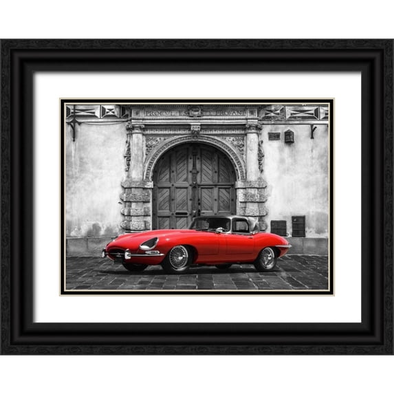 Gasoline Images 14x11 Black Ornate Wood Framed with Double Matting Museum Art Print Titled - Roadster in front of Classic Palace
