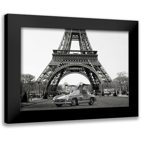 Gasoline Images 18x14 Black Modern Framed Museum Art Print Titled - Roadster under the Eiffel Tower - BW