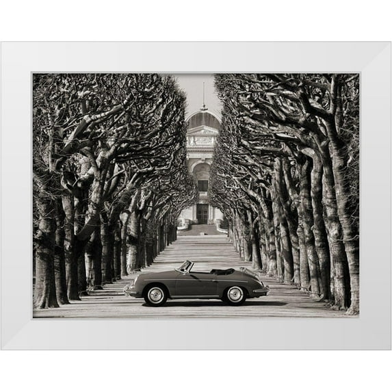 Gasoline Images 18x15 White Modern Wood Framed Museum Art Print Titled - Roadster in tree lined road, Paris (BW)