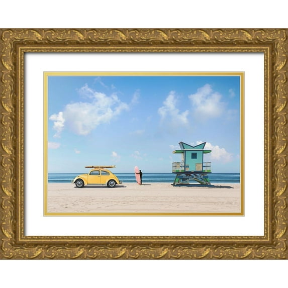 Gasoline Images 24x18 Gold Ornate Wood Framed with Double Matting Museum Art Print Titled - Waiting for the Waves-Miami Beach