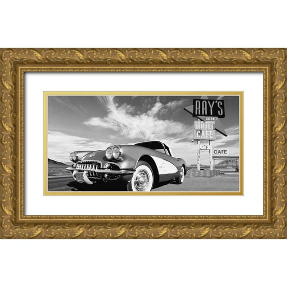 Gasoline Images 32x18 Gold Ornate Wood Framed with Double Matting Museum Art Print Titled - Cruisin USA - BW
