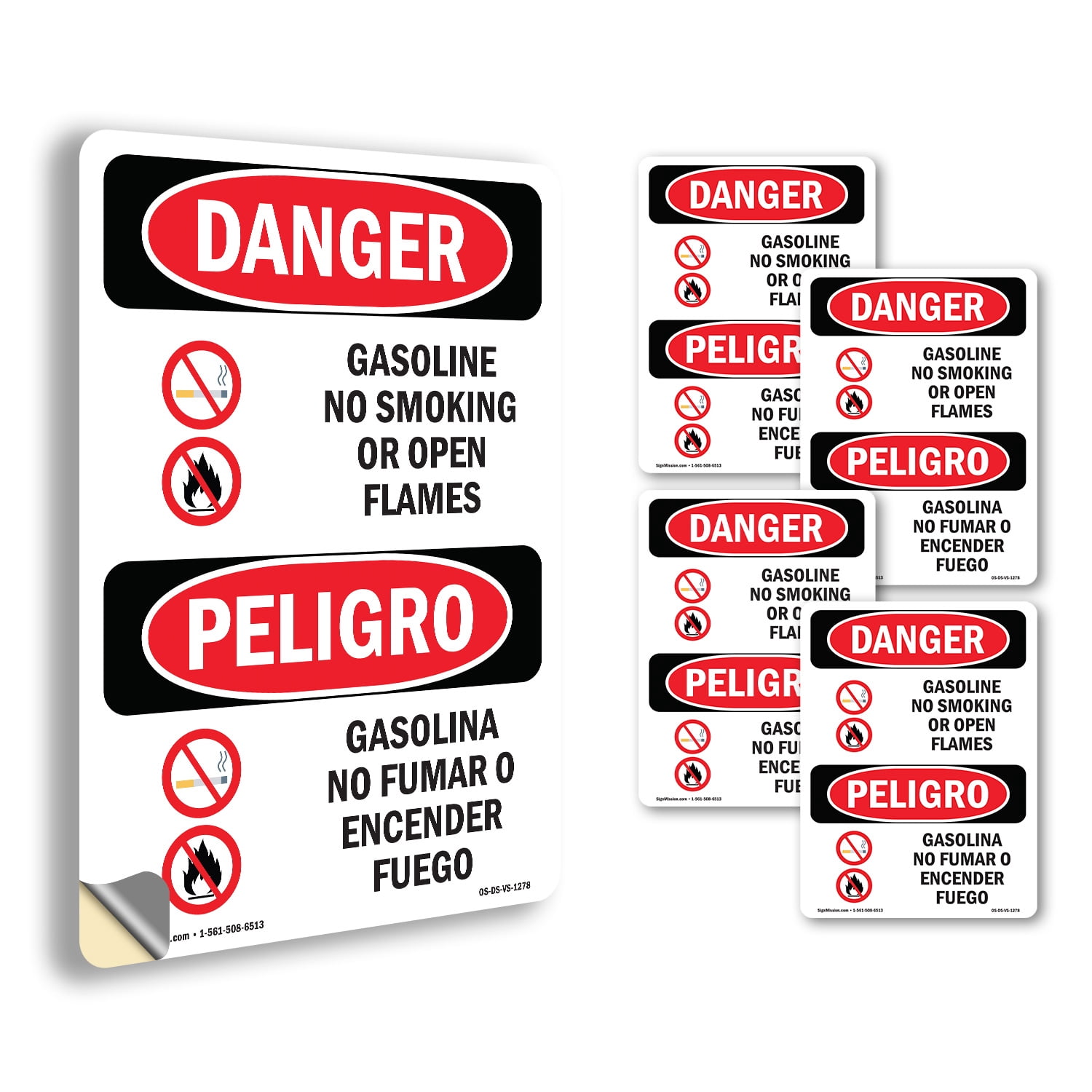 Gasoline No Smoking Or Open Flames Bilingual OSHA Danger Vinyl Decal ...