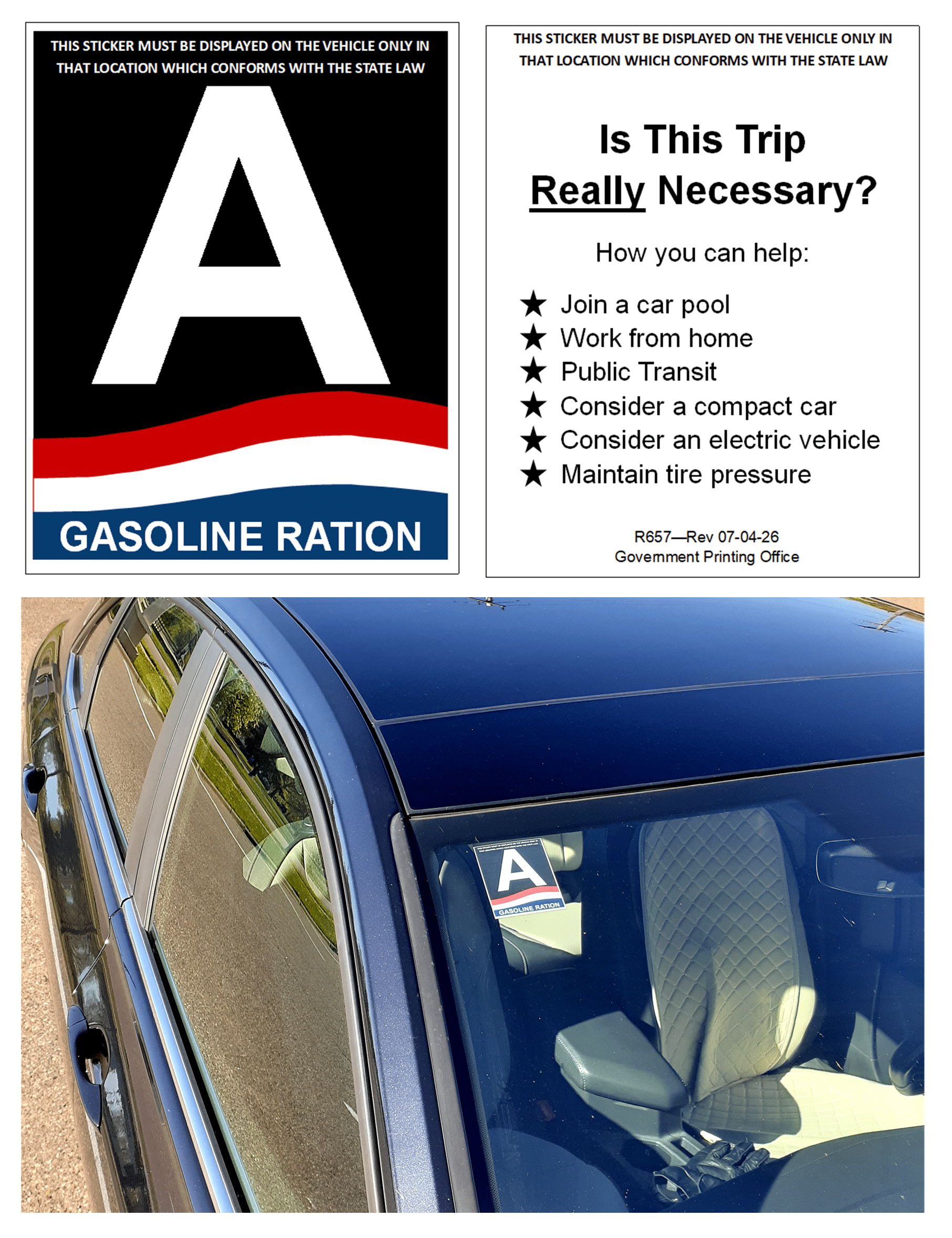 Gasoline Ration Window Decal and Ration Coupon Sheet - Fuel Crisis Gas ...