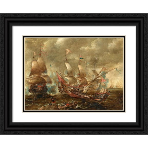 Gaspar van Eyck 14x11 Black Ornate Wood Framed Double Matted Museum Art Print Titled: A Naval Battle