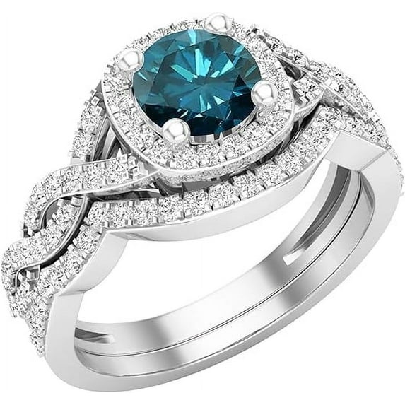 Gaspara 14K White Gold Plated 925 Sterling Silver 2.50 Ct Round Cut Blue Diamond Engagement Wedding Ring Set for Women