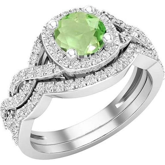 Gaspara 14K White Gold Plated 925 Sterling Silver 2.50 Ct Round Cut Green Peridot Engagement Wedding Christmas Thanksgiving Bridal Ring Set For Women's -8