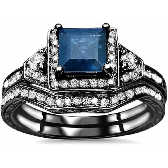 Gaspara 2.55 Ct Princess Cut Blue Sapphire Engagement Wedding Thanksgiving Christmas Bridal Ring Set 14K Black Gold Plated 925 Sterling Silver For Women's -7