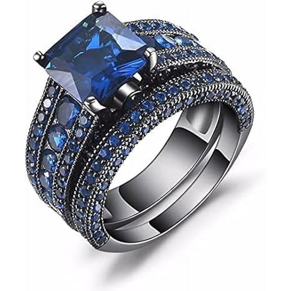Gaspara 2.80 Ct Princess Cut Blue Sapphire Engagement Wedding Thanksgiving Christmas Bridal Ring Set 14K Black Gold Plated 925 Sterling Silver For Women's -8